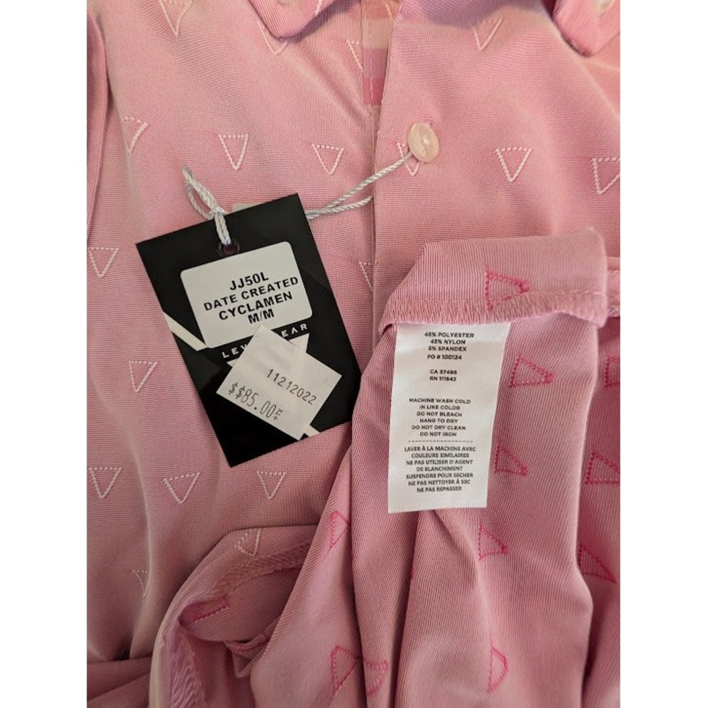 Levelwear Golf Polo Shirt Mens M Pink Geometric Sun/Snowflake Logo Button Collar - Picture 7 of 7